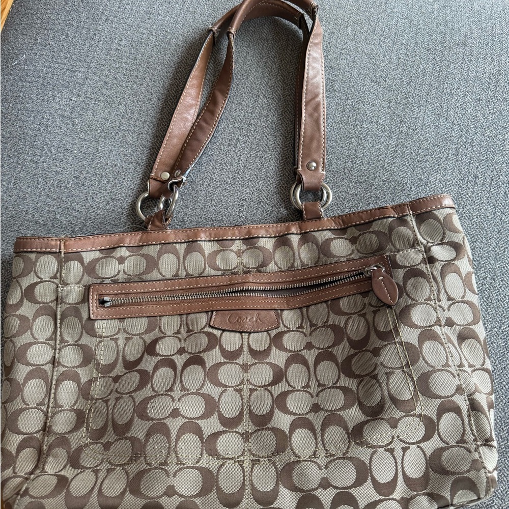 Coach Brown Monogram Tote with Leather Trim